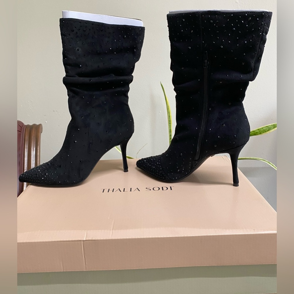 Thalia Sodi Black Heeled Boots with Rhinestones, multiple sizes and calf widths